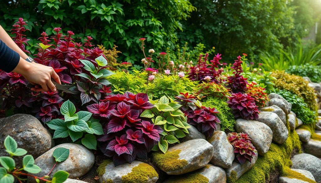 A lush garden scene showcasing the delicate care and maintenance of vibrant Heuchera (Coral Bells) plants throughout the seasons. In the foreground, a gardener's hands tenderly prune and groom the plants, accentuating their elegant foliage and blooms. The middle ground features a diverse arrangement of Heuchera in various hues, including deep purples, bright greens, and warm reds, nestled among river rocks and moss-covered ground. The background depicts a serene backdrop of verdant foliage and a soft, diffused natural light, creating a tranquil and inviting atmosphere. The overall composition highlights the graceful beauty and year-round care required to maintain a thriving Heuchera garden. A lush garden scene showcasing the delicate care and maintenance of vibrant Heuchera (Coral Bells) plants throughout the seasons. In the foreground, a gardener's hands tenderly prune and groom the plants, accentuating their elegant foliage and blooms. The middle ground features a diverse arrangement of Heuchera in various hues, including deep purples, bright greens, and warm reds, nestled among river rocks and moss-covered ground. The background depicts a serene backdrop of verdant foliage and a soft, diffused natural light, creating a tranquil and inviting atmosphere. The overall composition highlights the graceful beauty and year-round care required to maintain a thriving Heuchera garden.