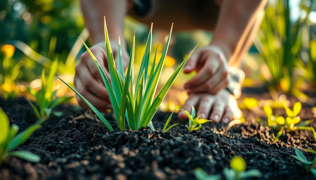 A lush garden setting with a close-up view of a young yucca plant being carefully planted, step-by-step. The soil is dark and rich, with fresh green leaves and stems emerging from the ground. Warm, diffused sunlight illuminates the scene, creating soft shadows and highlights. The composition focuses on the planting process, with a composed, instructional feel. The background is blurred, drawing the eye to the central action. The overall mood is one of tranquility and attention to detail, conveying the importance of properly establishing a yucca in the garden. A lush garden setting with a close-up view of a young yucca plant being carefully planted, step-by-step. The soil is dark and rich, with fresh green leaves and stems emerging from the ground. Warm, diffused sunlight illuminates the scene, creating soft shadows and highlights. The composition focuses on the planting process, with a composed, instructional feel. The background is blurred, drawing the eye to the central action. The overall mood is one of tranquility and attention to detail, conveying the importance of properly establishing a yucca in the garden.