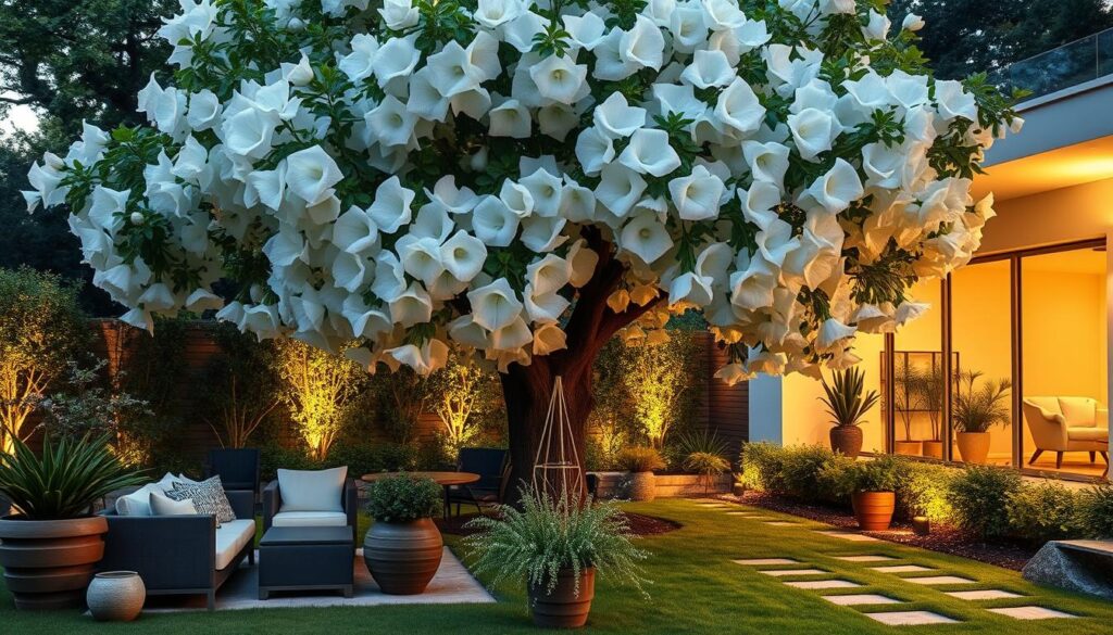 A lush, inviting garden setting with a majestic catalpa tree as the focal point. The foreground features a well-designed seating area with comfortable outdoor furniture, complemented by decorative planters and potted plants. The middle ground showcases the catalpa's stunning white flowers in full bloom, casting a soft, romantic ambiance. In the background, glimpses of a modern, minimalist home's facade can be seen, seamlessly integrating the outdoor living space. Warm, directional lighting accentuates the textures and colors, creating a serene and inviting atmosphere, perfect for relaxation and entertaining. A lush, inviting garden setting with a majestic catalpa tree as the focal point. The foreground features a well-designed seating area with comfortable outdoor furniture, complemented by decorative planters and potted plants. The middle ground showcases the catalpa's stunning white flowers in full bloom, casting a soft, romantic ambiance. In the background, glimpses of a modern, minimalist home's facade can be seen, seamlessly integrating the outdoor living space. Warm, directional lighting accentuates the textures and colors, creating a serene and inviting atmosphere, perfect for relaxation and entertaining.