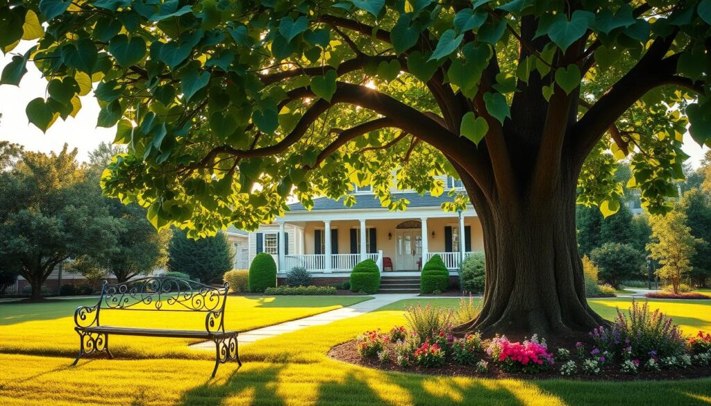 A lush, meticulously landscaped garden setting with a majestic Catalpa tree as the centerpiece. The tree's large, heart-shaped leaves cast gentle shadows on the well-manicured lawn and surrounding flowerbeds. In the foreground, an ornate wrought-iron bench invites visitors to rest and admire the serene scene. Warm, golden sunlight filters through the tree's canopy, creating a soft, inviting atmosphere. In the middle ground, vibrant perennials in complementary colors border a stone pathway leading up to the Catalpa. The background features a stately, colonial-style home with a welcoming porch, framed by the graceful branches of the tree. The overall composition evokes a sense of tranquility and harmonious integration of nature and architecture. A lush, meticulously landscaped garden setting with a majestic Catalpa tree as the centerpiece. The tree's large, heart-shaped leaves cast gentle shadows on the well-manicured lawn and surrounding flowerbeds. In the foreground, an ornate wrought-iron bench invites visitors to rest and admire the serene scene. Warm, golden sunlight filters through the tree's canopy, creating a soft, inviting atmosphere. In the middle ground, vibrant perennials in complementary colors border a stone pathway leading up to the Catalpa. The background features a stately, colonial-style home with a welcoming porch, framed by the graceful branches of the tree. The overall composition evokes a sense of tranquility and harmonious integration of nature and architecture.