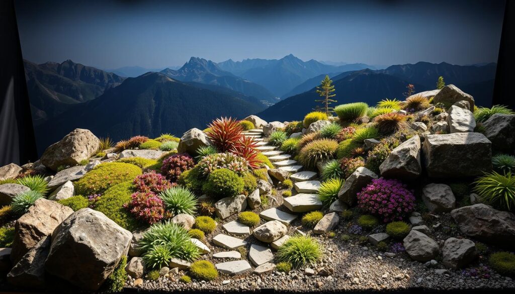 A lush, naturalistic alpinarium scene, showcasing the step-by-step construction process. In the foreground, carefully placed rocks and boulders create an authentic-looking alpine landscape, interspersed with vibrant alpine plants like saxifrages, sedums, and cushion-forming perennials. The middle ground features a small, meandering path winding through the arrangement, inviting the viewer to explore. In the background, a realistic mountain backdrop provides a scenic panoramic view, with dramatic lighting casting dramatic shadows and highlights across the scene. The overall composition conveys a sense of tranquility, balance, and attention to detail in the creation of this alpine garden feature. A lush, naturalistic alpinarium scene, showcasing the step-by-step construction process. In the foreground, carefully placed rocks and boulders create an authentic-looking alpine landscape, interspersed with vibrant alpine plants like saxifrages, sedums, and cushion-forming perennials. The middle ground features a small, meandering path winding through the arrangement, inviting the viewer to explore. In the background, a realistic mountain backdrop provides a scenic panoramic view, with dramatic lighting casting dramatic shadows and highlights across the scene. The overall composition conveys a sense of tranquility, balance, and attention to detail in the creation of this alpine garden feature.