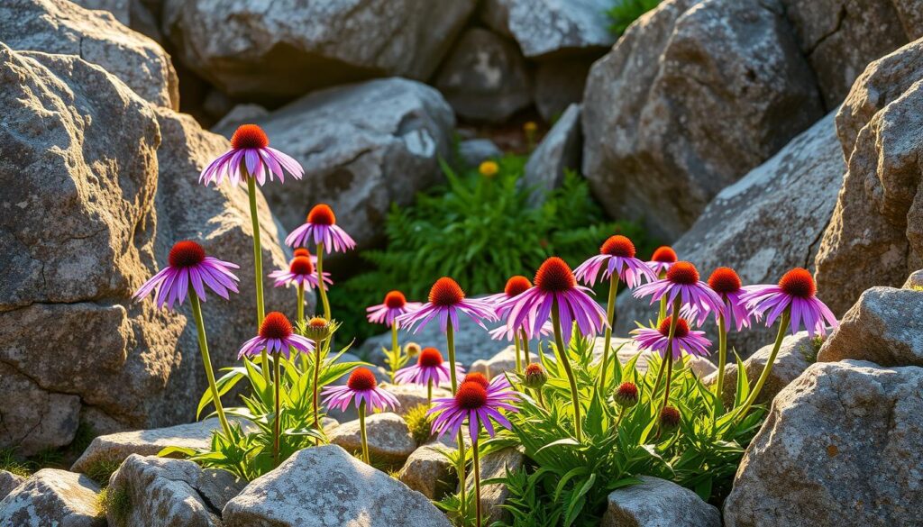 A lush, naturalistic garden scene showcasing a vibrant display of purple coneflowers (Echinacea purpurea) thriving amidst a rugged, rock-strewn landscape. The flowers stand tall, their delicate petals radiating outward, complemented by the weathered, mossy boulders that frame the composition. Warm, golden sunlight filters through the scene, casting a soft, ethereal glow and creating dynamic shadows that accentuate the textural elements. The overall atmosphere evokes a sense of tranquility and harmony, where the wild, untamed nature of the rocky garden seamlessly intertwines with the vibrant, resilient coneflowers, creating a picturesque and visually striking display. A lush, naturalistic garden scene showcasing a vibrant display of purple coneflowers (Echinacea purpurea) thriving amidst a rugged, rock-strewn landscape. The flowers stand tall, their delicate petals radiating outward, complemented by the weathered, mossy boulders that frame the composition. Warm, golden sunlight filters through the scene, casting a soft, ethereal glow and creating dynamic shadows that accentuate the textural elements. The overall atmosphere evokes a sense of tranquility and harmony, where the wild, untamed nature of the rocky garden seamlessly intertwines with the vibrant, resilient coneflowers, creating a picturesque and visually striking display.