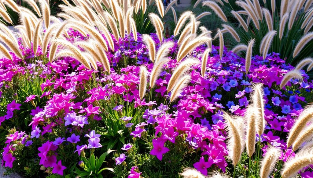 A lush, sprawling garden bed filled with vibrant hortensias and gracefully swaying ornamental grasses. The flowers, in shades of pink, blue, and lavender, create a captivating focal point, while the tufted grass plumes in warm beige and green hues provide a harmonious backdrop. The sunlight filters through, casting a soft, golden glow and highlighting the delicate textures of the plants. The composition is balanced, with the flowers and grasses arranged in an artful, natural-looking display. The overall atmosphere is one of serene beauty, inviting the viewer to pause and immerse themselves in the tranquil garden setting. A lush, sprawling garden bed filled with vibrant hortensias and gracefully swaying ornamental grasses. The flowers, in shades of pink, blue, and lavender, create a captivating focal point, while the tufted grass plumes in warm beige and green hues provide a harmonious backdrop. The sunlight filters through, casting a soft, golden glow and highlighting the delicate textures of the plants. The composition is balanced, with the flowers and grasses arranged in an artful, natural-looking display. The overall atmosphere is one of serene beauty, inviting the viewer to pause and immerse themselves in the tranquil garden setting.