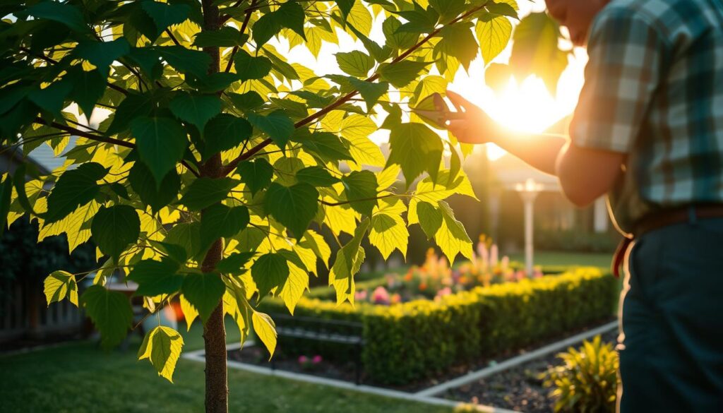 A lush, verdant catalpa tree stands in the foreground, its broad leaves gently rustling in the soft breeze. A skilled gardener, secateurs in hand, carefully trims the branches, shaping the tree's natural form. In the middle ground, a well-maintained garden bed showcases vibrant flowers and neatly pruned hedges, creating a harmonious setting. The background is bathed in the warm glow of the afternoon sun, casting long shadows and a serene atmosphere. The scene captures the essence of thoughtful catalpa care, highlighting the importance of proper pruning and nurturing techniques for this majestic tree in a residential garden. A lush, verdant catalpa tree stands in the foreground, its broad leaves gently rustling in the soft breeze. A skilled gardener, secateurs in hand, carefully trims the branches, shaping the tree's natural form. In the middle ground, a well-maintained garden bed showcases vibrant flowers and neatly pruned hedges, creating a harmonious setting. The background is bathed in the warm glow of the afternoon sun, casting long shadows and a serene atmosphere. The scene captures the essence of thoughtful catalpa care, highlighting the importance of proper pruning and nurturing techniques for this majestic tree in a residential garden.
