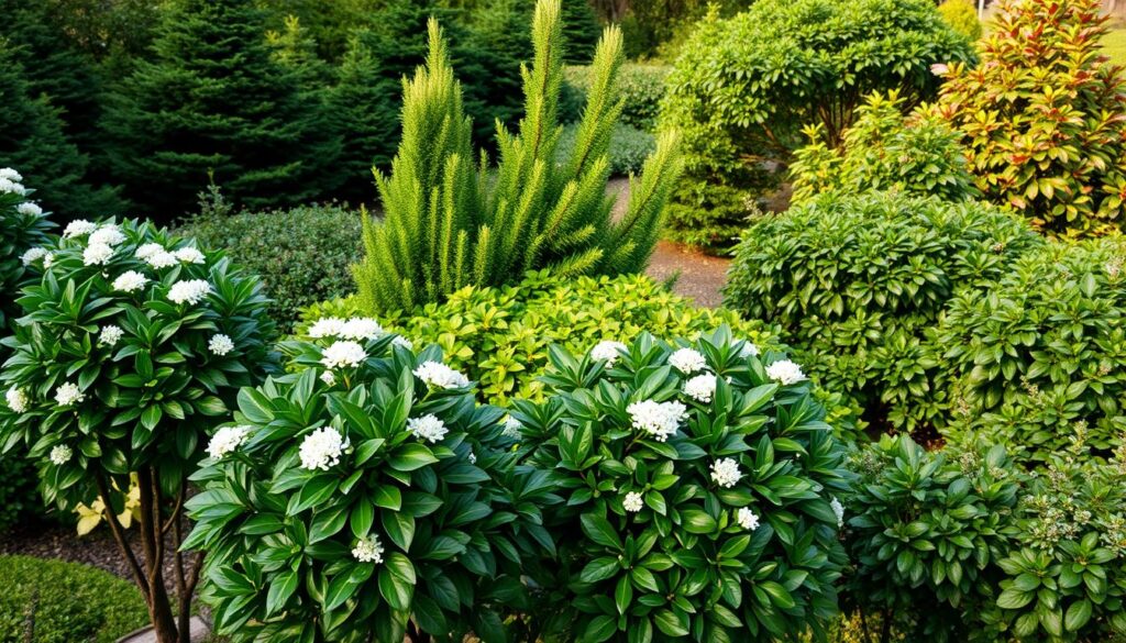 A lush, verdant garden filled with a variety of cherry laurel (Prunus laurocerasus) cultivars. In the foreground, a group of compact, glossy-leaved 'Otto Luyken' cultivars stand tall, their dark green foliage complemented by delicate white flower clusters. In the middle ground, the upright, pyramidal shape of the 'Schipkaensis' cultivar contrasts with the spreading, rounded habit of the 'Zabeliana' variety. In the background, the dense, leathery leaves of the 'Rotundifolia' cultivar provide depth and texture. Warm, diffused natural lighting illuminates the scene, casting soft shadows and creating a tranquil, inviting atmosphere. The composition emphasizes the diverse forms, sizes, and growth habits of these versatile evergreen shrubs, inspiring ideas for their thoughtful integration into the garden landscape. A lush, verdant garden filled with a variety of cherry laurel (Prunus laurocerasus) cultivars. In the foreground, a group of compact, glossy-leaved 'Otto Luyken' cultivars stand tall, their dark green foliage complemented by delicate white flower clusters. In the middle ground, the upright, pyramidal shape of the 'Schipkaensis' cultivar contrasts with the spreading, rounded habit of the 'Zabeliana' variety. In the background, the dense, leathery leaves of the 'Rotundifolia' cultivar provide depth and texture. Warm, diffused natural lighting illuminates the scene, casting soft shadows and creating a tranquil, inviting atmosphere. The composition emphasizes the diverse forms, sizes, and growth habits of these versatile evergreen shrubs, inspiring ideas for their thoughtful integration into the garden landscape.