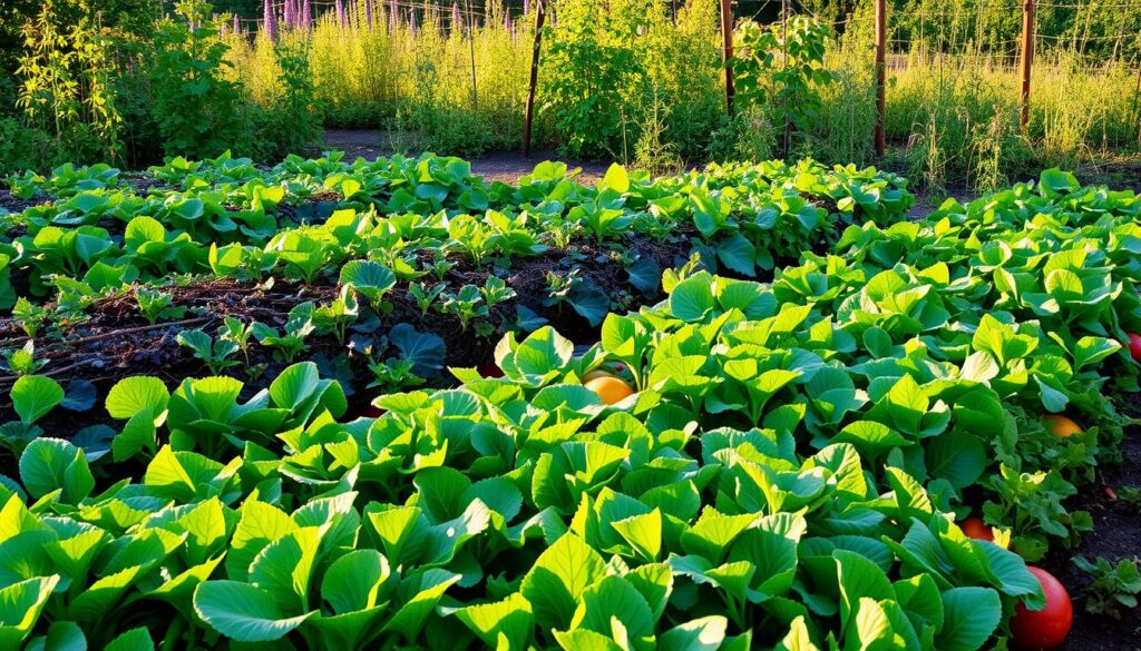 A lush, verdant garden filled with an array of vibrant vegetables, arranged in a harmonious crop rotation pattern. In the foreground, rows of leafy greens and root vegetables intermingle, their colors and textures creating a visually striking composition. The middle ground features a variety of squash and brassica plants, their broad leaves and bulbous forms adding depth and dimension. In the background, a mix of tall, flowering plants and trellised vines create a sense of abundance and natural balance. The scene is bathed in warm, golden sunlight, casting gentle shadows and highlighting the intricate details of the plants. The overall atmosphere conveys the benefits of a well-designed crop rotation system, a testament to the natural harmony achieved through thoughtful agricultural practices. A lush, verdant garden filled with an array of vibrant vegetables, arranged in a harmonious crop rotation pattern. In the foreground, rows of leafy greens and root vegetables intermingle, their colors and textures creating a visually striking composition. The middle ground features a variety of squash and brassica plants, their broad leaves and bulbous forms adding depth and dimension. In the background, a mix of tall, flowering plants and trellised vines create a sense of abundance and natural balance. The scene is bathed in warm, golden sunlight, casting gentle shadows and highlighting the intricate details of the plants. The overall atmosphere conveys the benefits of a well-designed crop rotation system, a testament to the natural harmony achieved through thoughtful agricultural practices.