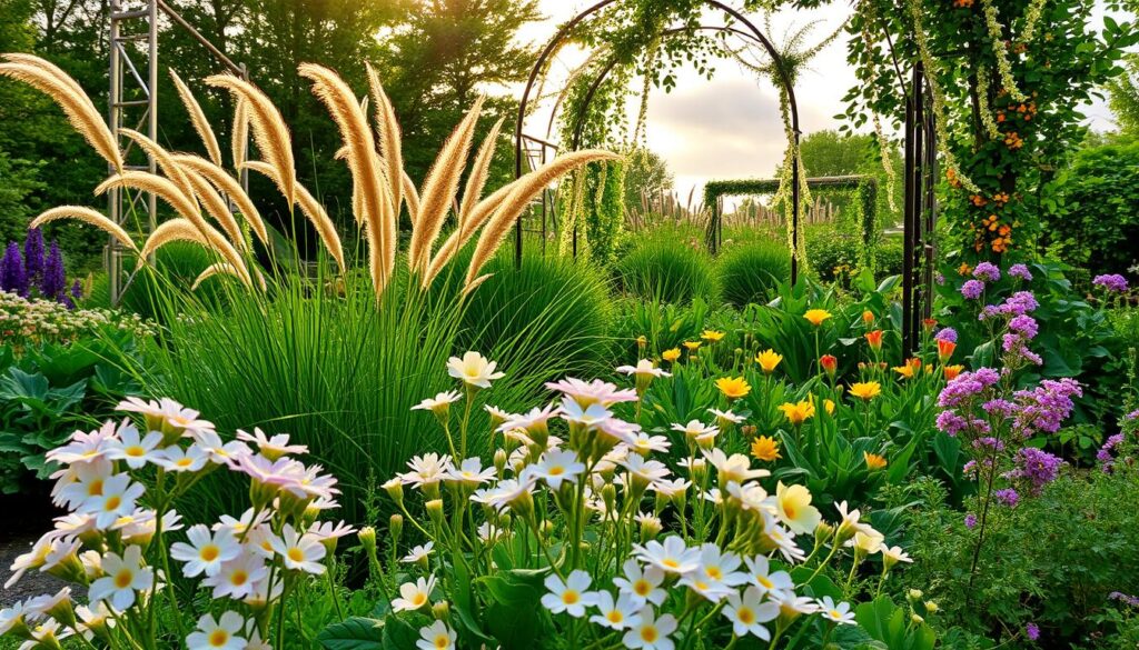 A lush, verdant garden filled with vibrant, blooming annuals. In the foreground, a bouquet of delicate flowers in a range of pastel hues – soft pinks, gentle lavenders, and sunny yellows. The middle ground features a mix of tall, swaying grasses and low-growing, leafy plants, creating a sense of depth and natural harmony. In the background, a whimsical wrought-iron trellis adorned with cascading vines and trailing blossoms, bathed in warm, golden sunlight that filters through wispy clouds. The overall mood is one of tranquility, inviting the viewer to step into this serene, picturesque oasis – a haven for both budding and experienced gardeners alike. A lush, verdant garden filled with vibrant, blooming annuals. In the foreground, a bouquet of delicate flowers in a range of pastel hues – soft pinks, gentle lavenders, and sunny yellows. The middle ground features a mix of tall, swaying grasses and low-growing, leafy plants, creating a sense of depth and natural harmony. In the background, a whimsical wrought-iron trellis adorned with cascading vines and trailing blossoms, bathed in warm, golden sunlight that filters through wispy clouds. The overall mood is one of tranquility, inviting the viewer to step into this serene, picturesque oasis – a haven for both budding and experienced gardeners alike.