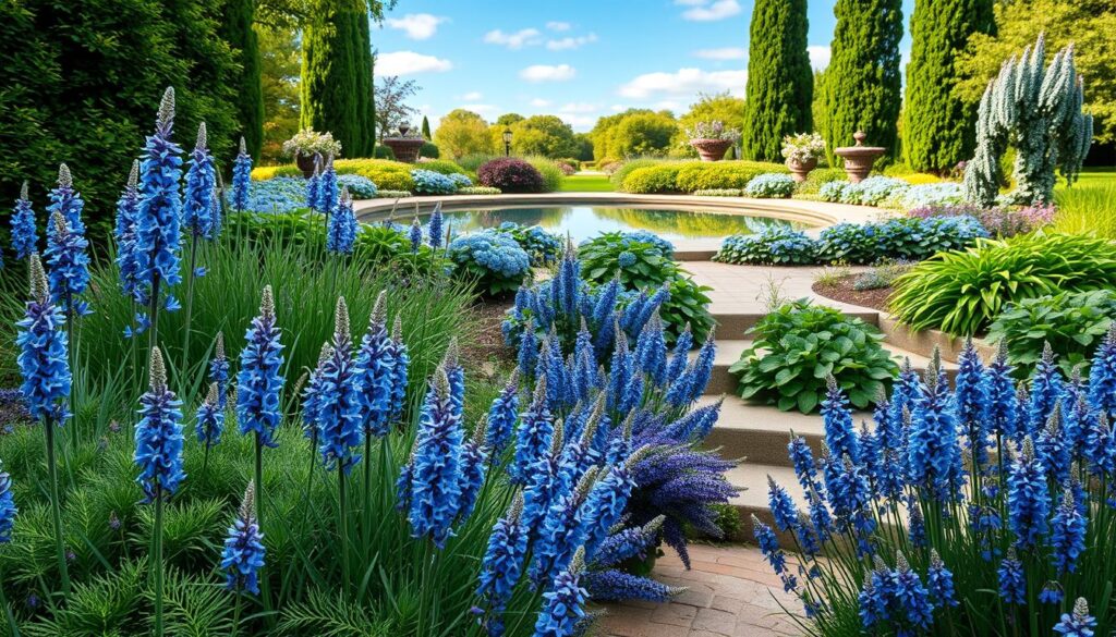 A lush, verdant garden scene filled with a variety of vibrant blue flowering plants and foliage. In the foreground, clusters of indigo-hued delphinium and blue fescue grasses sway gently in a soft breeze. The middle ground features a mix of blue hydrangea bushes, purple-blue salvia, and trailing blue star creeper cascading over stone steps. In the background, a tranquil reflecting pool mirrors the azure sky above, surrounded by a border of blue-green hostas and towering blue atlas cedar trees. The lighting is soft and diffused, casting a serene, contemplative atmosphere. The composition is balanced, with the blue hues creating a sense of harmony and inspiration. A lush, verdant garden scene filled with a variety of vibrant blue flowering plants and foliage. In the foreground, clusters of indigo-hued delphinium and blue fescue grasses sway gently in a soft breeze. The middle ground features a mix of blue hydrangea bushes, purple-blue salvia, and trailing blue star creeper cascading over stone steps. In the background, a tranquil reflecting pool mirrors the azure sky above, surrounded by a border of blue-green hostas and towering blue atlas cedar trees. The lighting is soft and diffused, casting a serene, contemplative atmosphere. The composition is balanced, with the blue hues creating a sense of harmony and inspiration.