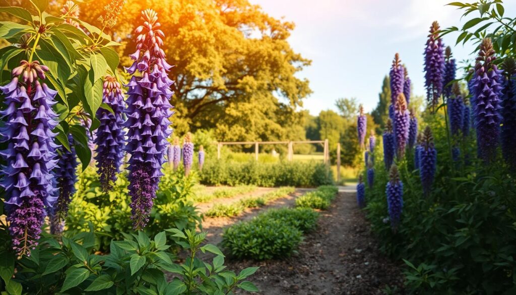A lush, verdant garden scene showcasing the cultivation requirements of the beloved butterfly bush, Buddleja. In the foreground, several healthy Buddleja plants sway gracefully, their vibrant purple panicles cascading like delicate waterfalls. The middle ground reveals a well-tended plot, the soil rich and loamy, indicating the plant's preference for well-drained, moisture-retentive conditions. In the background, a serene backdrop of mature trees and a clear, azure sky suggest the Buddleja's need for full sun exposure. Warm, golden lighting filters through the scene, casting a soft, inviting glow and highlighting the plant's delicate, fragrant blooms. An idyllic representation of the Buddleja's optimal growing environment, inspiring gardeners to cultivate this captivating and versatile flowering shrub. A lush, verdant garden scene showcasing the cultivation requirements of the beloved butterfly bush, Buddleja. In the foreground, several healthy Buddleja plants sway gracefully, their vibrant purple panicles cascading like delicate waterfalls. The middle ground reveals a well-tended plot, the soil rich and loamy, indicating the plant's preference for well-drained, moisture-retentive conditions. In the background, a serene backdrop of mature trees and a clear, azure sky suggest the Buddleja's need for full sun exposure. Warm, golden lighting filters through the scene, casting a soft, inviting glow and highlighting the plant's delicate, fragrant blooms. An idyllic representation of the Buddleja's optimal growing environment, inspiring gardeners to cultivate this captivating and versatile flowering shrub.