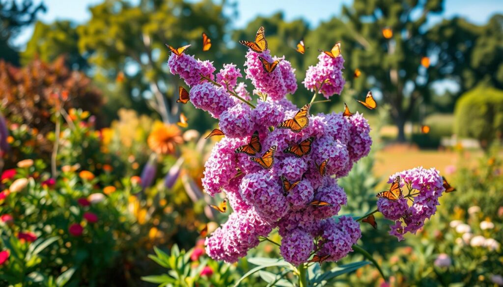 A lush, vibrant garden scene featuring a central focal point of a blooming Buddleja (Butterfly Bush) plant. The bush is adorned with clusters of purple, pink, or white flowers that sway gently in a soft breeze. Surrounding the Buddleja are an assortment of brightly colored butterflies, gracefully fluttering and alighting on the nectar-rich blooms. The foreground is sharp and in focus, while the background softly blurs into a dreamy, natural landscape of trees, shrubs, and a clear blue sky. Warm, golden-hued lighting bathes the scene, creating a serene and inviting atmosphere that captures the essence of a butterfly-attracting garden oasis. A lush, vibrant garden scene featuring a central focal point of a blooming Buddleja (Butterfly Bush) plant. The bush is adorned with clusters of purple, pink, or white flowers that sway gently in a soft breeze. Surrounding the Buddleja are an assortment of brightly colored butterflies, gracefully fluttering and alighting on the nectar-rich blooms. The foreground is sharp and in focus, while the background softly blurs into a dreamy, natural landscape of trees, shrubs, and a clear blue sky. Warm, golden-hued lighting bathes the scene, creating a serene and inviting atmosphere that captures the essence of a butterfly-attracting garden oasis.