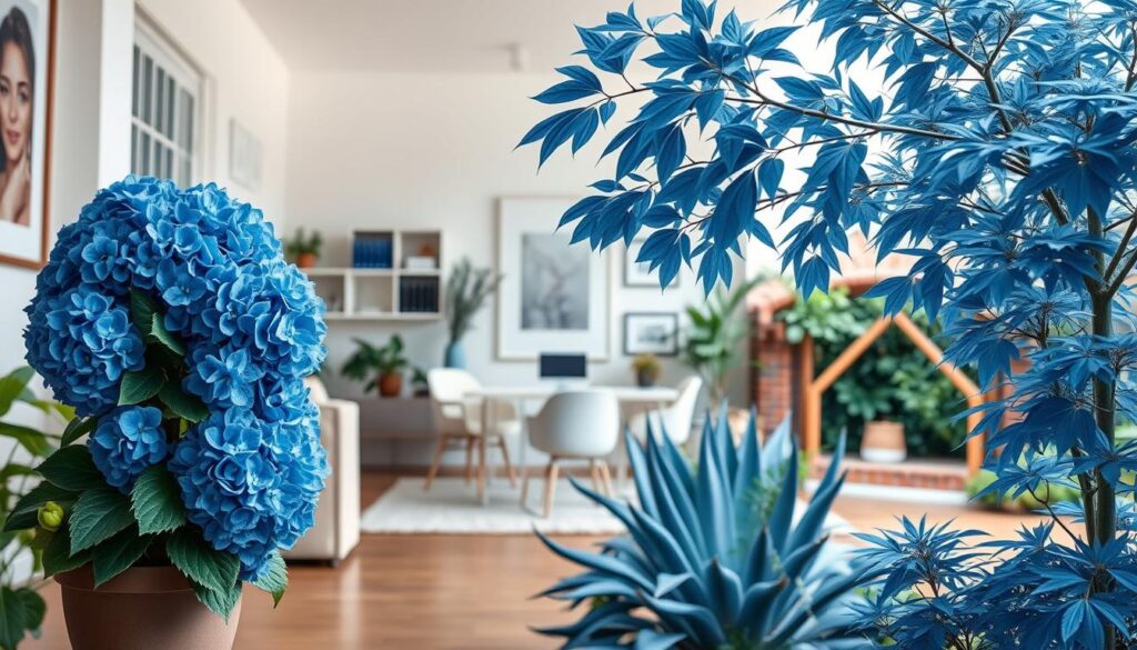 A lush, vibrant scene showcasing the versatile applications of blue-hued plants across diverse interior and exterior settings. In the foreground, a cozy living room features a large potted blue hydrangea, its voluptuous blooms cascading elegantly. The middle ground depicts a tranquil office space, where a stunning blue agave plant lends a modern, minimalist aesthetic. In the background, a serene garden oasis is dominated by a striking blue-leafed Japanese maple, its graceful branches framing a meditation nook. Soft, diffused natural lighting accentuates the cool, calming tones of the blue flora, creating an atmosphere of serenity and rejuvenation. The overall composition conveys the versatility and visual appeal of incorporating blue plants into a variety of living and working environments. A lush, vibrant scene showcasing the versatile applications of blue-hued plants across diverse interior and exterior settings. In the foreground, a cozy living room features a large potted blue hydrangea, its voluptuous blooms cascading elegantly. The middle ground depicts a tranquil office space, where a stunning blue agave plant lends a modern, minimalist aesthetic. In the background, a serene garden oasis is dominated by a striking blue-leafed Japanese maple, its graceful branches framing a meditation nook. Soft, diffused natural lighting accentuates the cool, calming tones of the blue flora, creating an atmosphere of serenity and rejuvenation. The overall composition conveys the versatility and visual appeal of incorporating blue plants into a variety of living and working environments.