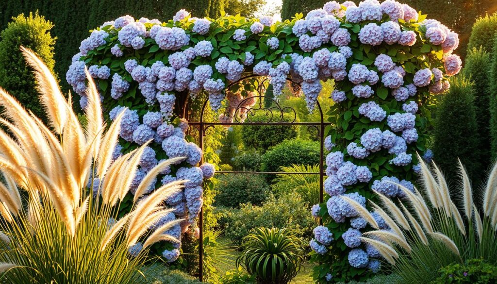 A lush, visually striking garden scene featuring an ornate hedge trellis draped with cascading hydrangea blossoms in shades of pink, blue, and purple. The trellis is flanked by tall, billowing ornamental grasses in soft, airy greens and beige, creating a textural contrast. Warm, golden afternoon sunlight filters through the flowers and foliage, casting a dreamlike, romantic ambiance. The composition is balanced and harmonious, with the trellis as the central focal point, surrounded by a verdant, well-manicured setting. The overall impression is one of elegant, natural beauty, perfectly suited to illustrate a section on creating stunning garden displays with hydrangeas and ornamental grasses. A lush, visually striking garden scene featuring an ornate hedge trellis draped with cascading hydrangea blossoms in shades of pink, blue, and purple. The trellis is flanked by tall, billowing ornamental grasses in soft, airy greens and beige, creating a textural contrast. Warm, golden afternoon sunlight filters through the flowers and foliage, casting a dreamlike, romantic ambiance. The composition is balanced and harmonious, with the trellis as the central focal point, surrounded by a verdant, well-manicured setting. The overall impression is one of elegant, natural beauty, perfectly suited to illustrate a section on creating stunning garden displays with hydrangeas and ornamental grasses.