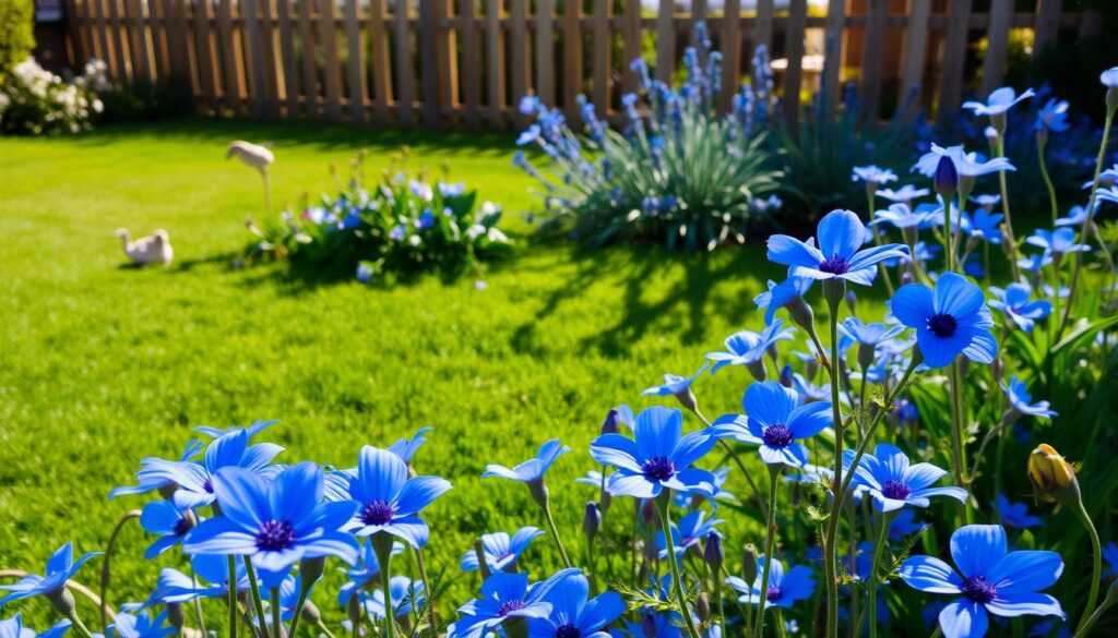 A lush, well-tended garden filled with vibrant blue flowers, their petals glistening in the warm afternoon light. The foreground features a variety of flowering blue perennials, their stalks swaying gently in a light breeze. The middle ground showcases a mix of blue-hued foliage plants, their leaves casting captivating shadows on the neatly manicured lawn. In the background, a picturesque wooden fence frames the scene, offering a sense of tranquility and seclusion. The overall composition evokes a serene, inviting atmosphere, perfect for cultivating and appreciating these stunning blue botanical wonders. A lush, well-tended garden filled with vibrant blue flowers, their petals glistening in the warm afternoon light. The foreground features a variety of flowering blue perennials, their stalks swaying gently in a light breeze. The middle ground showcases a mix of blue-hued foliage plants, their leaves casting captivating shadows on the neatly manicured lawn. In the background, a picturesque wooden fence frames the scene, offering a sense of tranquility and seclusion. The overall composition evokes a serene, inviting atmosphere, perfect for cultivating and appreciating these stunning blue botanical wonders.