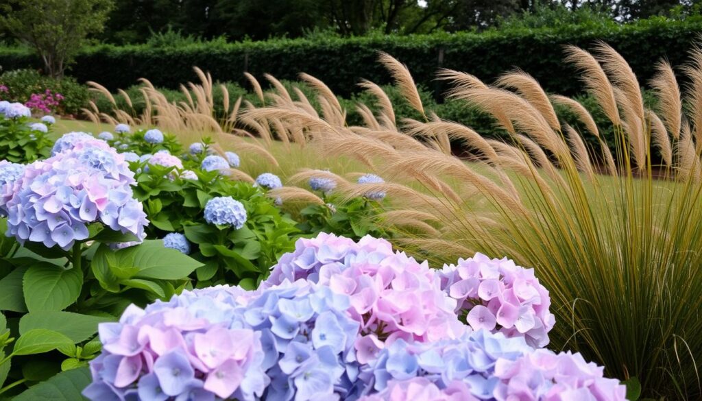 A lush, well-tended garden with a vibrant display of hydrangeas and ornamental grasses. The foreground showcases the delicate, rounded blooms of the hydrangeas in shades of pink and blue, their large leaves providing a verdant backdrop. The middle ground features flowing, wispy ornamental grasses in warm tones, their graceful movements catching the soft, natural lighting. In the background, a subtle, out-of-focus boundary of trees and shrubs sets the scene, creating a serene, harmonious composition. The overall atmosphere is one of tranquility and careful, thoughtful gardening, with an emphasis on the beauty and balance of the selected plants. A lush, well-tended garden with a vibrant display of hydrangeas and ornamental grasses. The foreground showcases the delicate, rounded blooms of the hydrangeas in shades of pink and blue, their large leaves providing a verdant backdrop. The middle ground features flowing, wispy ornamental grasses in warm tones, their graceful movements catching the soft, natural lighting. In the background, a subtle, out-of-focus boundary of trees and shrubs sets the scene, creating a serene, harmonious composition. The overall atmosphere is one of tranquility and careful, thoughtful gardening, with an emphasis on the beauty and balance of the selected plants.