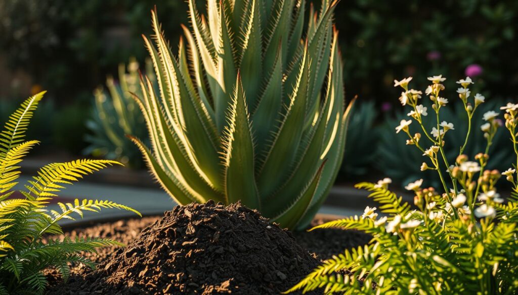 A lush, well-tended yucca plant stands tall in a neatly manicured garden bed, its sword-like leaves gently swaying in a light breeze. The mid-afternoon sun casts a warm, golden glow, illuminating the plant's distinctive textured foliage. In the foreground, a handful of rich, dark soil is carefully tilled around the base of the yucca, indicating recent nourishing and cultivation. Vibrant green ferns and delicate flowering plants frame the scene, creating a harmonious and naturalistic composition. The overall mood is one of tranquility and horticultural care, inviting the viewer to appreciate the beauty and maintenance of this iconic garden specimen. A lush, well-tended yucca plant stands tall in a neatly manicured garden bed, its sword-like leaves gently swaying in a light breeze. The mid-afternoon sun casts a warm, golden glow, illuminating the plant's distinctive textured foliage. In the foreground, a handful of rich, dark soil is carefully tilled around the base of the yucca, indicating recent nourishing and cultivation. Vibrant green ferns and delicate flowering plants frame the scene, creating a harmonious and naturalistic composition. The overall mood is one of tranquility and horticultural care, inviting the viewer to appreciate the beauty and maintenance of this iconic garden specimen.