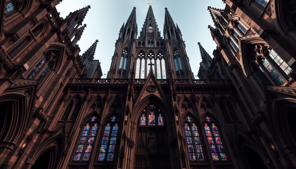 A majestic Gothic cathedral stands tall, its spires reaching skyward. Ornate stone facades adorned with intricate carvings, flying buttresses supporting the soaring nave. Stained glass windows in jewel-toned hues bathe the interior in an ethereal glow. The atmosphere is one of reverence and grandeur, evoking a sense of the divine. Dramatic chiaroscuro lighting casts dramatic shadows, adding depth and drama to the scene. The camera angle emphasizes the towering scale and imposing presence of the sacred structure, capturing its timeless beauty and architectural brilliance. A majestic Gothic cathedral stands tall, its spires reaching skyward. Ornate stone facades adorned with intricate carvings, flying buttresses supporting the soaring nave. Stained glass windows in jewel-toned hues bathe the interior in an ethereal glow. The atmosphere is one of reverence and grandeur, evoking a sense of the divine. Dramatic chiaroscuro lighting casts dramatic shadows, adding depth and drama to the scene. The camera angle emphasizes the towering scale and imposing presence of the sacred structure, capturing its timeless beauty and architectural brilliance.
