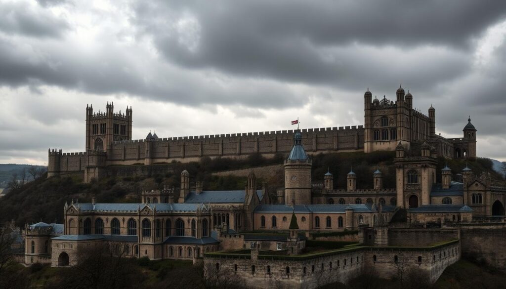 A majestic Gothic fortress rises against a moody, overcast sky. Its towering battlements and ornate facades exude a sense of power and grandeur. In the foreground, a sprawling complex of secular Gothic buildings, perhaps a castle or a palace, commands attention with its intricate stonework and graceful arches. The middle ground is dotted with sturdy defensive structures, their walls and towers standing as sentinels against the passage of time. The scene is illuminated by a soft, atmospheric lighting, casting dramatic shadows that accentuate the architectural details. The overall atmosphere evokes a sense of historical significance and the enduring legacy of medieval Gothic architecture. A majestic Gothic fortress rises against a moody, overcast sky. Its towering battlements and ornate facades exude a sense of power and grandeur. In the foreground, a sprawling complex of secular Gothic buildings, perhaps a castle or a palace, commands attention with its intricate stonework and graceful arches. The middle ground is dotted with sturdy defensive structures, their walls and towers standing as sentinels against the passage of time. The scene is illuminated by a soft, atmospheric lighting, casting dramatic shadows that accentuate the architectural details. The overall atmosphere evokes a sense of historical significance and the enduring legacy of medieval Gothic architecture.