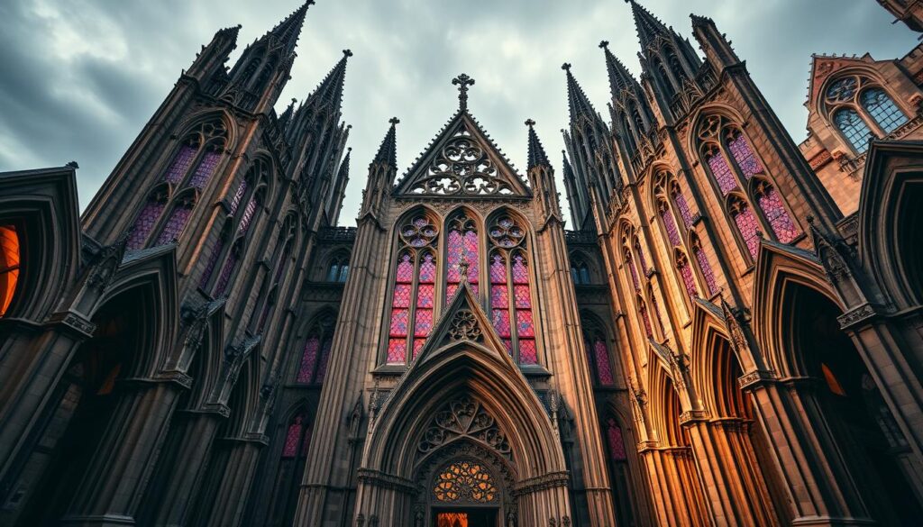 A majestic medieval cathedral in the Gothic style, its towering spires reaching towards the heavens. Intricate stone tracery adorns the facade, casting delicate shadows across the ornately carved entryway. Columns reach up to support high-vaulted ceilings, their ribbed arches creating a sense of grandeur and uplift. Stained glass windows bathe the interior in a kaleidoscope of warm, jewel-toned light. The atmosphere is one of transcendent spirituality, where the faithful are drawn ever upwards, their gaze fixed on the divine. A sweeping establishing shot captures the cathedral in all its gothic glory, the pinnacles silhouetted against a moody, atmospheric sky. A majestic medieval cathedral in the Gothic style, its towering spires reaching towards the heavens. Intricate stone tracery adorns the facade, casting delicate shadows across the ornately carved entryway. Columns reach up to support high-vaulted ceilings, their ribbed arches creating a sense of grandeur and uplift. Stained glass windows bathe the interior in a kaleidoscope of warm, jewel-toned light. The atmosphere is one of transcendent spirituality, where the faithful are drawn ever upwards, their gaze fixed on the divine. A sweeping establishing shot captures the cathedral in all its gothic glory, the pinnacles silhouetted against a moody, atmospheric sky.