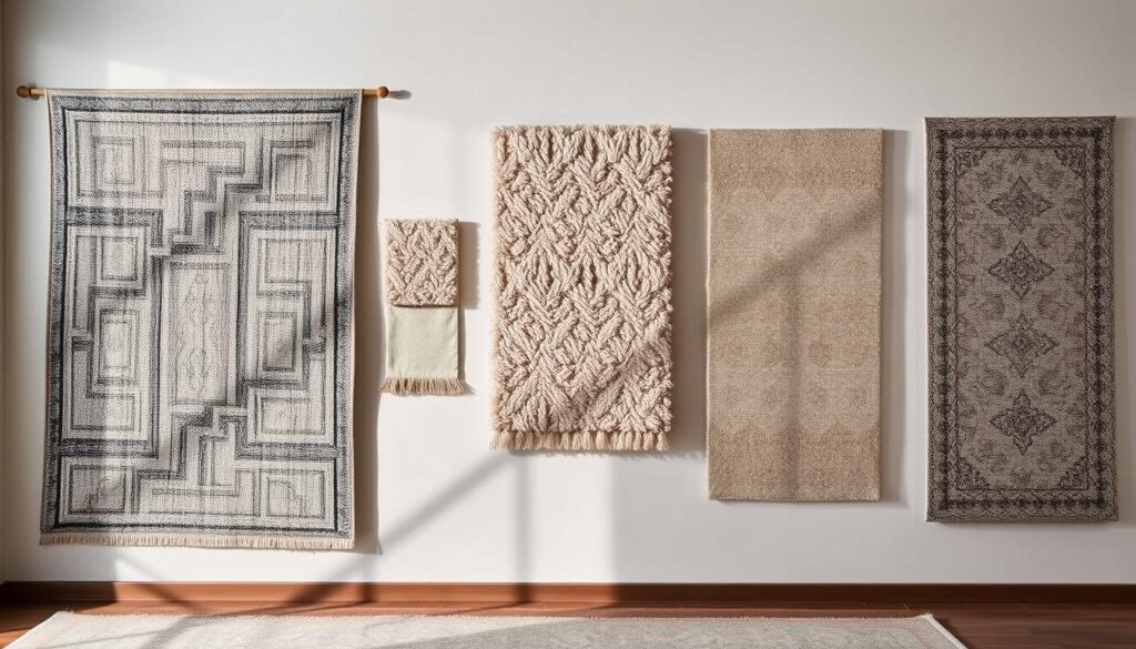 A meticulously curated collection of contemporary wall-mounted carpets, showcasing a harmonious blend of textures, patterns, and hues. The foreground features a bold, abstract tapestry with intricately woven geometric motifs, casting an alluring play of light and shadow. In the middle ground, a series of plush, minimalist rugs in muted shades of beige and gray complement the surrounding neutral palette, creating a cohesive, gallery-like display. The background subtly transitions into a softly-lit, monochromatic setting, allowing the tapestries to take center stage and captivate the viewer's attention. The overall composition exudes a sense of refined elegance, seamlessly integrating these wall-mounted masterpieces into a harmonious, modern interior design. A meticulously curated collection of contemporary wall-mounted carpets, showcasing a harmonious blend of textures, patterns, and hues. The foreground features a bold, abstract tapestry with intricately woven geometric motifs, casting an alluring play of light and shadow. In the middle ground, a series of plush, minimalist rugs in muted shades of beige and gray complement the surrounding neutral palette, creating a cohesive, gallery-like display. The background subtly transitions into a softly-lit, monochromatic setting, allowing the tapestries to take center stage and captivate the viewer's attention. The overall composition exudes a sense of refined elegance, seamlessly integrating these wall-mounted masterpieces into a harmonious, modern interior design.
