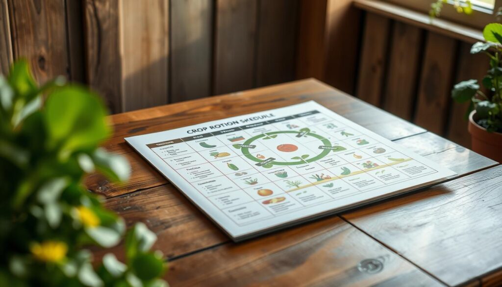 A neatly organized crop rotation schedule displayed on a rustic wooden table, illuminated by soft natural lighting filtering through a nearby window. The table surface features a grid-like layout with various crop icons and labels, conveying the cyclical nature of the planting cycle. The overall mood is one of tranquility and practicality, inviting the viewer to engage with the useful information presented. The composition emphasizes the table as the focal point, with the background gently blurred to maintain the viewer's focus on the essential details of the crop rotation guide. A neatly organized crop rotation schedule displayed on a rustic wooden table, illuminated by soft natural lighting filtering through a nearby window. The table surface features a grid-like layout with various crop icons and labels, conveying the cyclical nature of the planting cycle. The overall mood is one of tranquility and practicality, inviting the viewer to engage with the useful information presented. The composition emphasizes the table as the focal point, with the background gently blurred to maintain the viewer's focus on the essential details of the crop rotation guide.