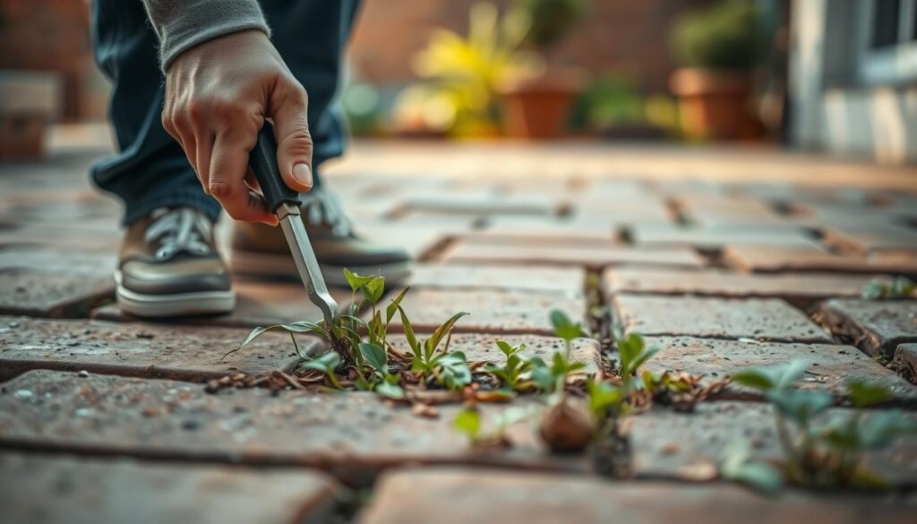 A person diligently removing weeds from between the cracks of a brick patio, using a small hand tool. The foreground shows the person's hands and the weeds being carefully extracted, with the weathered bricks providing a textured, earthy backdrop. Soft, diffused natural light illuminates the scene, casting gentle shadows and highlighting the details. The middle ground reveals the orderly, well-maintained patio, conveying a sense of tidy, intentional gardening. The background blends out of focus, suggesting a serene, tranquil outdoor setting. The overall mood is one of focused, meticulous labor in pursuit of a well-kept, weed-free garden space. A person diligently removing weeds from between the cracks of a brick patio, using a small hand tool. The foreground shows the person's hands and the weeds being carefully extracted, with the weathered bricks providing a textured, earthy backdrop. Soft, diffused natural light illuminates the scene, casting gentle shadows and highlighting the details. The middle ground reveals the orderly, well-maintained patio, conveying a sense of tidy, intentional gardening. The background blends out of focus, suggesting a serene, tranquil outdoor setting. The overall mood is one of focused, meticulous labor in pursuit of a well-kept, weed-free garden space.