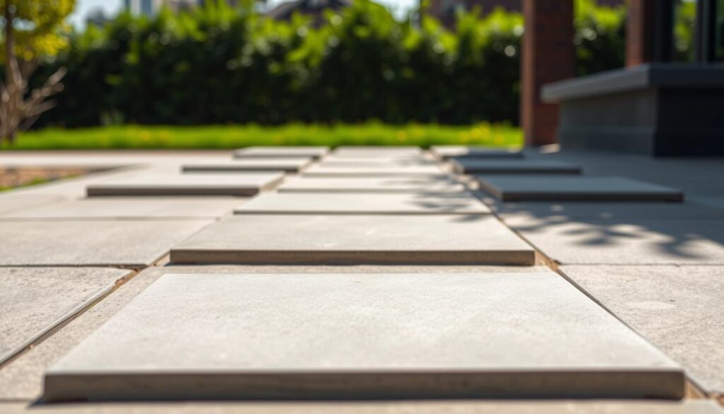 A practical 50x50 cm concrete paving slab sits in the foreground, its smooth texture and sharp edges capturing the light. The slab is positioned in a well-lit outdoor setting, perhaps a city sidewalk or a patio. In the middle ground, additional paving slabs are arranged in a uniform pattern, creating a visually appealing walkway. The background features a blurred, lush greenery, suggesting a natural, landscaped environment. The overall scene conveys a sense of functionality, durability, and seamless integration between the built and natural elements, highlighting the practical applications of this type of paving solution.