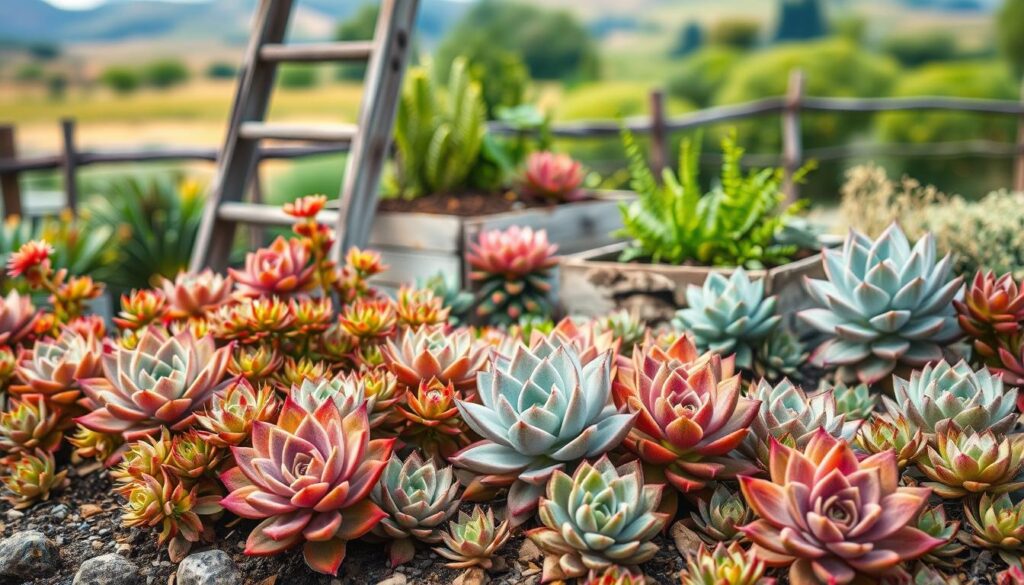 A rustic garden scene featuring a variety of succulent rosette plants, commonly known as hens and chicks or sempervivums, arranged in a harmonious, naturalistic composition. The foreground showcases an assortment of these drought-tolerant plants in warm, earthy tones, their fleshy, textured leaves and rosette patterns creating a visually striking display. The middle ground incorporates weathered, reclaimed wood elements such as a vintage ladder or distressed planter boxes, adding to the overall rustic ambiance. The background features a blurred landscape with soft, natural lighting, evoking a sense of tranquility and timelessness. The image conveys a serene, organic aesthetic that would perfectly complement the article's subject and section title. A rustic garden scene featuring a variety of succulent rosette plants, commonly known as hens and chicks or sempervivums, arranged in a harmonious, naturalistic composition. The foreground showcases an assortment of these drought-tolerant plants in warm, earthy tones, their fleshy, textured leaves and rosette patterns creating a visually striking display. The middle ground incorporates weathered, reclaimed wood elements such as a vintage ladder or distressed planter boxes, adding to the overall rustic ambiance. The background features a blurred landscape with soft, natural lighting, evoking a sense of tranquility and timelessness. The image conveys a serene, organic aesthetic that would perfectly complement the article's subject and section title.