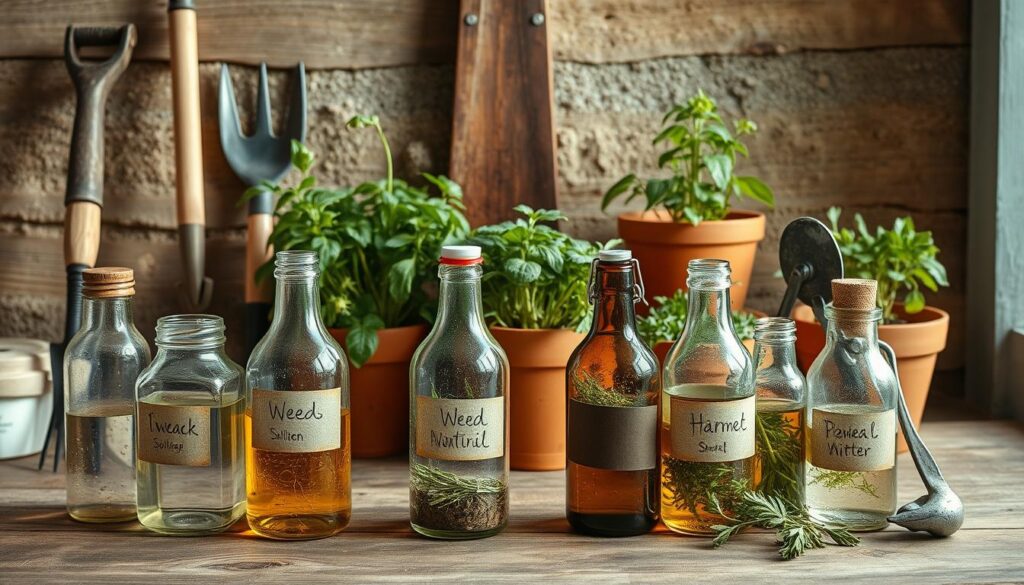 A rustic scene of various natural weed control methods arranged on a wooden table. In the foreground, an assortment of homemade weed-killing solutions in glass bottles, their labels handwritten. Behind them, a collection of gardening tools - a hoe, trowel, and hand weeder - all weathered and well-used. In the middle ground, several lush, green plants, possibly herbs or flowers, in terracotta pots. The background features a simple, earthy wall, perhaps made of reclaimed wood or stone, lending a warm, organic atmosphere. Soft, natural lighting casts gentle shadows, highlighting the textures and materials. The overall composition conveys a sense of eco-friendly, DIY solutions for tackling pesky weeds in the home garden. A rustic scene of various natural weed control methods arranged on a wooden table. In the foreground, an assortment of homemade weed-killing solutions in glass bottles, their labels handwritten. Behind them, a collection of gardening tools - a hoe, trowel, and hand weeder - all weathered and well-used. In the middle ground, several lush, green plants, possibly herbs or flowers, in terracotta pots. The background features a simple, earthy wall, perhaps made of reclaimed wood or stone, lending a warm, organic atmosphere. Soft, natural lighting casts gentle shadows, highlighting the textures and materials. The overall composition conveys a sense of eco-friendly, DIY solutions for tackling pesky weeds in the home garden.