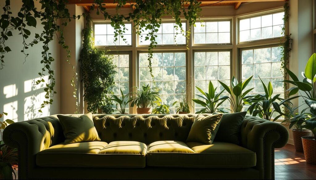 A serene, sun-dappled interior with a lush, verdant color palette. In the foreground, an elegant sofa upholstered in a rich, mossy green velvet, accented by plush throw pillows in complementary shades. Trailing vines and potted plants adorn the middle ground, casting soft, natural shadows across the scene. The background features a wall of floor-to-ceiling windows, allowing natural light to flood the space and highlighting the varying hues of green - from the deep, earthy tones of the wooden floors to the vibrant, leafy greens of the plant life. An atmosphere of tranquility and organic harmony, inviting the viewer to bask in the soothing, serene ambiance. A serene, sun-dappled interior with a lush, verdant color palette. In the foreground, an elegant sofa upholstered in a rich, mossy green velvet, accented by plush throw pillows in complementary shades. Trailing vines and potted plants adorn the middle ground, casting soft, natural shadows across the scene. The background features a wall of floor-to-ceiling windows, allowing natural light to flood the space and highlighting the varying hues of green - from the deep, earthy tones of the wooden floors to the vibrant, leafy greens of the plant life. An atmosphere of tranquility and organic harmony, inviting the viewer to bask in the soothing, serene ambiance.