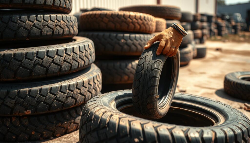 A stack of worn, weathered tires sits on a concrete surface, their treads and sidewalls bearing the marks of years of use. Sunlight casts warm shadows across the pile, highlighting the unique textures and patterns of each individual tire. In the foreground, a pair of work-worn hands carefully inspect a tire, searching for any remaining reusable components. The background is blurred, drawing the viewer's attention to the task at hand - the process of preparing these discarded tires for recycling, a crucial step in transforming waste into new resources. The overall scene conveys a sense of diligence and purpose, as the hands work to responsibly manage the end-of-life cycle of these once-essential automotive parts. A stack of worn, weathered tires sits on a concrete surface, their treads and sidewalls bearing the marks of years of use. Sunlight casts warm shadows across the pile, highlighting the unique textures and patterns of each individual tire. In the foreground, a pair of work-worn hands carefully inspect a tire, searching for any remaining reusable components. The background is blurred, drawing the viewer's attention to the task at hand - the process of preparing these discarded tires for recycling, a crucial step in transforming waste into new resources. The overall scene conveys a sense of diligence and purpose, as the hands work to responsibly manage the end-of-life cycle of these once-essential automotive parts.