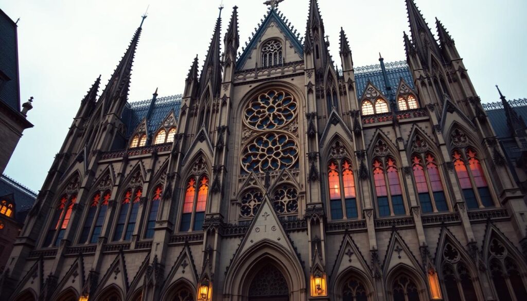 A stately, ornate gothic cathedral, its towering spires and intricate stonework illuminated by soft, warm lighting. Elaborate flying buttresses support the vast, vaulted ceilings, while intricate rose windows and detailed, carved archways adorn the façade. The scene conveys a sense of reverence and grandeur, with the building's key architectural elements - such as ribbed vaulting, pointed arches, and decorative pinnacles - on full display. The overall atmosphere is one of awe-inspiring, timeless beauty. A stately, ornate gothic cathedral, its towering spires and intricate stonework illuminated by soft, warm lighting. Elaborate flying buttresses support the vast, vaulted ceilings, while intricate rose windows and detailed, carved archways adorn the façade. The scene conveys a sense of reverence and grandeur, with the building's key architectural elements - such as ribbed vaulting, pointed arches, and decorative pinnacles - on full display. The overall atmosphere is one of awe-inspiring, timeless beauty.