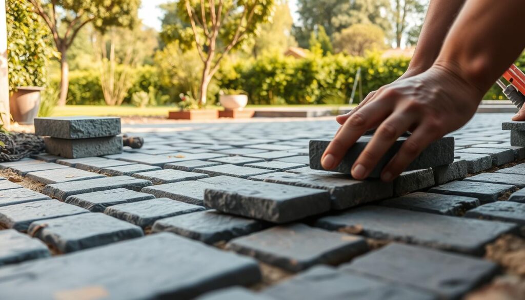 A step-by-step installation of cobblestone pavers in a residential setting. The foreground features a close-up view of hands carefully placing individual cobblestones, with a focus on the intricate patterns and textures. The middle ground showcases the partially completed paving work, revealing the meticulous process of aligning and securing the stones. The background depicts a lush, verdant landscape, providing a serene and natural backdrop to the scene. The lighting is soft and diffused, creating a warm, inviting atmosphere. The camera angle is slightly elevated, providing a clear, unobstructed view of the paving work in progress. The overall composition conveys the skilled craftsmanship and attention to detail required for a professional-grade cobblestone paving project.