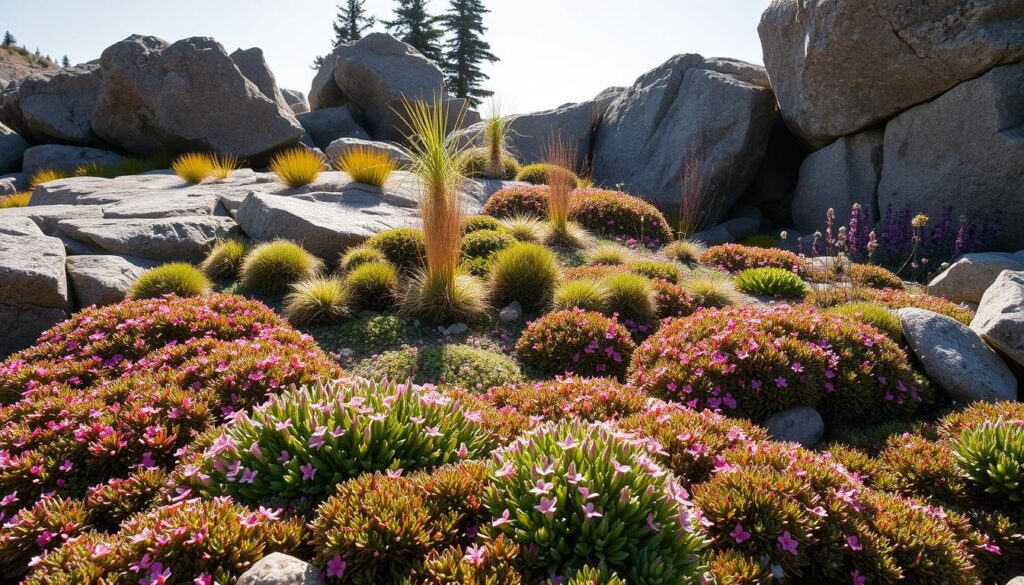 A sun-dappled alpine garden, nestled among rugged stone formations. In the foreground, a vibrant tapestry of low-growing alpine plants - cushion-forming saxifrage, delicate alpine pinks, and trailing sedum cascading over the rocks. Towards the middle, tufted grasses and compact, drought-resistant perennials create a harmonious composition, complemented by the weathered, lichen-covered boulders. In the background, a hint of towering conifers sets the scene, suggesting a tranquil mountain landscape. Warm, directional lighting casts dramatic shadows, accentuating the textural details of the plants and stones. The overall atmosphere evokes a sense of serene, natural beauty. A sun-dappled alpine garden, nestled among rugged stone formations. In the foreground, a vibrant tapestry of low-growing alpine plants - cushion-forming saxifrage, delicate alpine pinks, and trailing sedum cascading over the rocks. Towards the middle, tufted grasses and compact, drought-resistant perennials create a harmonious composition, complemented by the weathered, lichen-covered boulders. In the background, a hint of towering conifers sets the scene, suggesting a tranquil mountain landscape. Warm, directional lighting casts dramatic shadows, accentuating the textural details of the plants and stones. The overall atmosphere evokes a sense of serene, natural beauty.