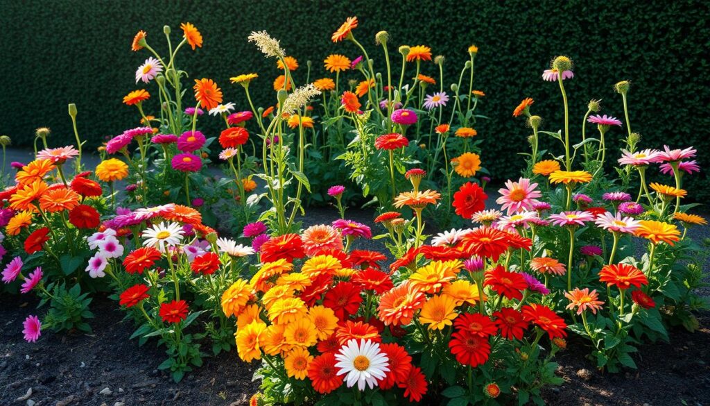 A vibrant garden scene showcasing a variety of annual flowers in their ideal growing conditions. In the foreground, lush, well-drained soil supports a colorful display of petunias, marigolds, and zinnias, their blooms basking in the warm, golden light of an afternoon sun. The middle ground features taller, graceful plants like cosmos and sunflowers, their delicate stems swaying gently in a soft, zephyr-like breeze. In the background, a neatly trimmed hedge or fence provides a natural backdrop, framing the scene and emphasizing the harmonious integration of the flowers with their environment. The overall composition conveys a sense of abundance, vitality, and the perfect pairing of plant selection with ideal growing conditions. A vibrant garden scene showcasing a variety of annual flowers in their ideal growing conditions. In the foreground, lush, well-drained soil supports a colorful display of petunias, marigolds, and zinnias, their blooms basking in the warm, golden light of an afternoon sun. The middle ground features taller, graceful plants like cosmos and sunflowers, their delicate stems swaying gently in a soft, zephyr-like breeze. In the background, a neatly trimmed hedge or fence provides a natural backdrop, framing the scene and emphasizing the harmonious integration of the flowers with their environment. The overall composition conveys a sense of abundance, vitality, and the perfect pairing of plant selection with ideal growing conditions.