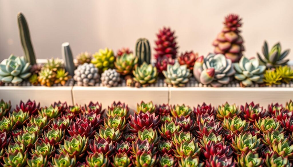 A vibrant geometric composition featuring compact rosette-like succulents, known as hens and chicks (Sempervivum). The foreground showcases a symmetrical array of various shades of green, red, and purple rosettes, meticulously arranged in a grid-like pattern. The middle ground introduces contrasting shapes and textures, with cylindrical echeveria and stacked sedum forms interspersed throughout. The background fades into a softly blurred, neutral-toned setting, allowing the striking succulent arrangements to take center stage. Warm, directional lighting casts subtle shadows, accentuating the dimensional qualities of the sculptural plants. The overall scene exudes a sense of balance, harmony, and the organic geometry inherent in nature. A vibrant geometric composition featuring compact rosette-like succulents, known as hens and chicks (Sempervivum). The foreground showcases a symmetrical array of various shades of green, red, and purple rosettes, meticulously arranged in a grid-like pattern. The middle ground introduces contrasting shapes and textures, with cylindrical echeveria and stacked sedum forms interspersed throughout. The background fades into a softly blurred, neutral-toned setting, allowing the striking succulent arrangements to take center stage. Warm, directional lighting casts subtle shadows, accentuating the dimensional qualities of the sculptural plants. The overall scene exudes a sense of balance, harmony, and the organic geometry inherent in nature.