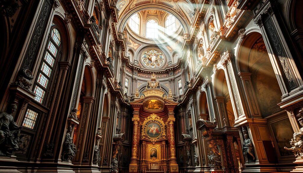An opulent and grandiosely ornate baroque cathedral, its towering facade adorned with intricate carved stonework, ornate columns, and elaborate statuary. Sunlight streams through stained glass windows, casting a warm, ethereal glow across the ornate interior. Towering arches, gilded altars, and richly detailed frescoes and murals fill the space, evoking a sense of awe and reverence. The high vaulted ceilings draw the eye upwards, a testament to the ambition and technical mastery of baroque architecture. The overall impression is one of overwhelming splendor, drama, and devotion, encapsulating the defining characteristics of the baroque style. An opulent and grandiosely ornate baroque cathedral, its towering facade adorned with intricate carved stonework, ornate columns, and elaborate statuary. Sunlight streams through stained glass windows, casting a warm, ethereal glow across the ornate interior. Towering arches, gilded altars, and richly detailed frescoes and murals fill the space, evoking a sense of awe and reverence. The high vaulted ceilings draw the eye upwards, a testament to the ambition and technical mastery of baroque architecture. The overall impression is one of overwhelming splendor, drama, and devotion, encapsulating the defining characteristics of the baroque style.