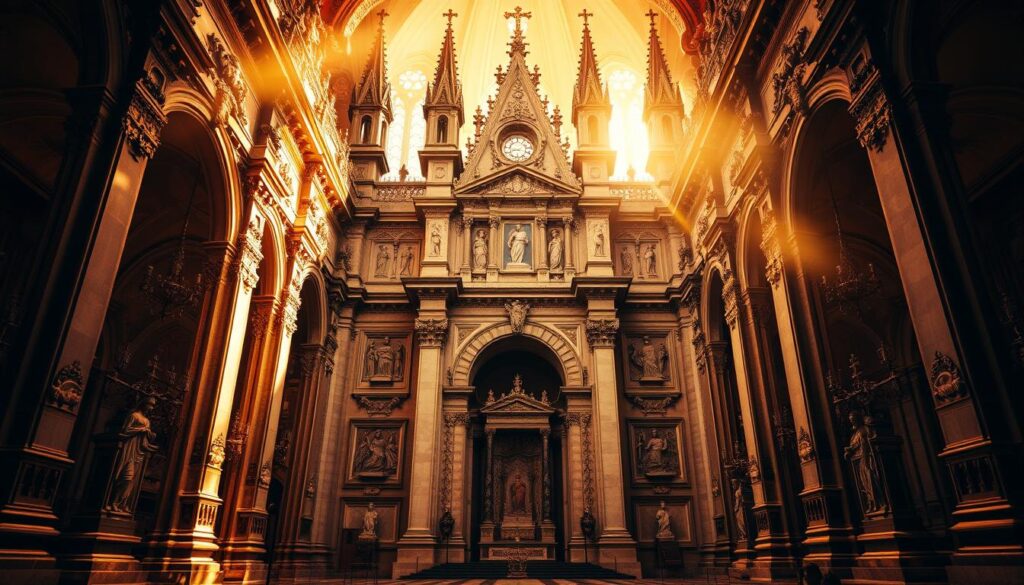 Awe-inspiring baroque cathedral, bathed in warm golden light, its ornate facade adorned with intricate carvings and towering spires reaching towards the heavens. Detailed stone columns support a majestic entrance, leading into a vast, cavernous interior filled with ornate altars, sculpted statues, and richly decorated walls. Soft, filtered illumination casts a reverent ambiance, complementing the grand, harmonious design. Dramatic chiaroscuro effects highlight the architectural grandeur, evoking a profound spiritual atmosphere. The scene conveys the architectural splendor and religious reverence characteristic of the Baroque era. Awe-inspiring baroque cathedral, bathed in warm golden light, its ornate facade adorned with intricate carvings and towering spires reaching towards the heavens. Detailed stone columns support a majestic entrance, leading into a vast, cavernous interior filled with ornate altars, sculpted statues, and richly decorated walls. Soft, filtered illumination casts a reverent ambiance, complementing the grand, harmonious design. Dramatic chiaroscuro effects highlight the architectural grandeur, evoking a profound spiritual atmosphere. The scene conveys the architectural splendor and religious reverence characteristic of the Baroque era.