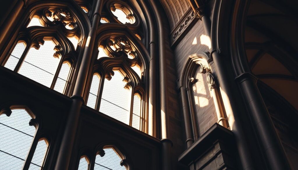 Detailed architectural features of a medieval cathedral: a close-up view of ornate window frames, intricate stone tracery, and graceful pointed arches. Soft, ambient lighting filters through the glass, casting warm shadows across the textured surfaces. The composition emphasizes the delicate balance of structural elements, showcasing the engineering prowess and artistic flair of the Romanesque and Gothic styles. Capture the timeless elegance and grandeur of these timeless architectural masterpieces. Detailed architectural features of a medieval cathedral: a close-up view of ornate window frames, intricate stone tracery, and graceful pointed arches. Soft, ambient lighting filters through the glass, casting warm shadows across the textured surfaces. The composition emphasizes the delicate balance of structural elements, showcasing the engineering prowess and artistic flair of the Romanesque and Gothic styles. Capture the timeless elegance and grandeur of these timeless architectural masterpieces.