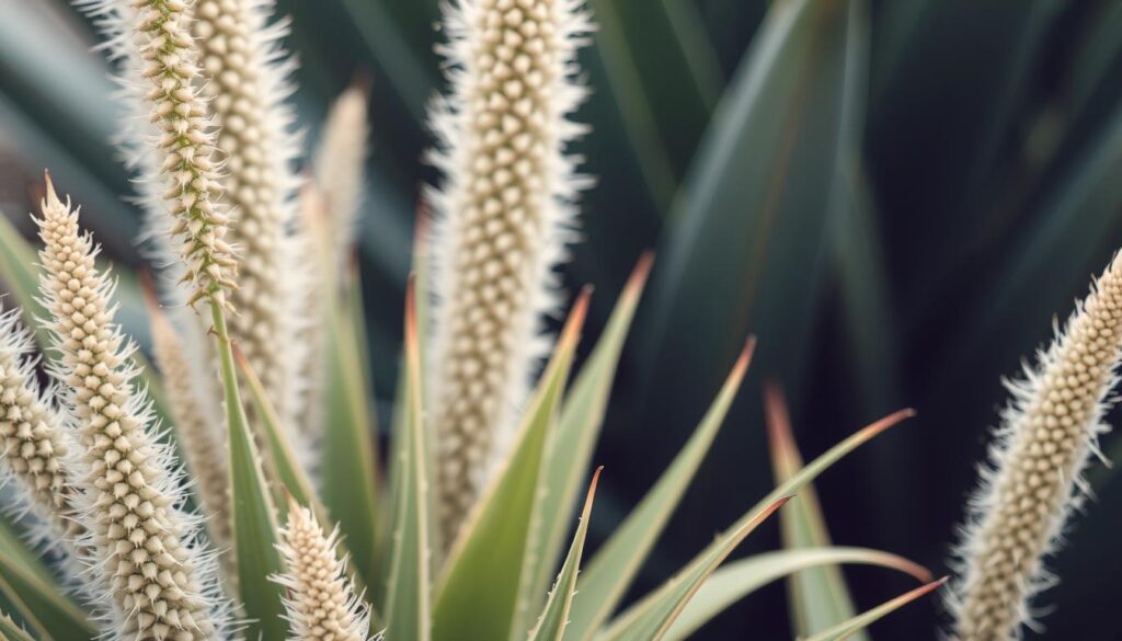 Detailed close-up shot of several varieties of Yucca caroliniana plants, showcasing their unique leaf structures and textures. The image is captured in natural lighting, with a soft, diffused focus that emphasizes the delicate, sculptural nature of the foliage. The plants are arranged in a harmonious, visually appealing composition, highlighting the subtle variations in color, shape, and size between the different cultivars. The background is blurred, creating a sense of depth and drawing the viewer's attention to the intricate details of the Yucca specimens. The overall mood is one of serene, botanical elegance, suitable for illustrating a section on the characteristics and varieties of Yucca plants. Detailed close-up shot of several varieties of Yucca caroliniana plants, showcasing their unique leaf structures and textures. The image is captured in natural lighting, with a soft, diffused focus that emphasizes the delicate, sculptural nature of the foliage. The plants are arranged in a harmonious, visually appealing composition, highlighting the subtle variations in color, shape, and size between the different cultivars. The background is blurred, creating a sense of depth and drawing the viewer's attention to the intricate details of the Yucca specimens. The overall mood is one of serene, botanical elegance, suitable for illustrating a section on the characteristics and varieties of Yucca plants.