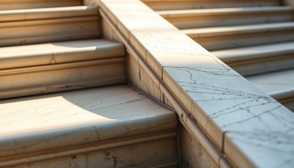 Detailed closeup of the intricate edge elements of a set of elegant stone stairs, illuminated by natural lighting from the side. The ornamental border features finely carved details, smooth transitions, and a subtle color palette that blends seamlessly with the main stair structure. The camera angle emphasizes the carefully engineered design, showcasing the precision engineering and craftsmanship required to create this functional yet aesthetically pleasing architectural element. A sense of timeless sophistication and attention to detail pervades the scene. Detailed closeup of the intricate edge elements of a set of elegant stone stairs, illuminated by natural lighting from the side. The ornamental border features finely carved details, smooth transitions, and a subtle color palette that blends seamlessly with the main stair structure. The camera angle emphasizes the carefully engineered design, showcasing the precision engineering and craftsmanship required to create this functional yet aesthetically pleasing architectural element. A sense of timeless sophistication and attention to detail pervades the scene.