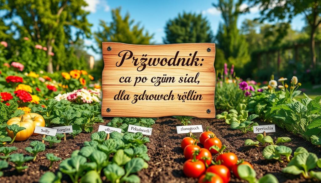 Detailed, colorful illustration of a gardening guide for crop rotation. Foreground shows various healthy vegetable plants and seedlings arranged in neat rows, with clear labels for each type. Middle ground features a rustic wooden sign or plaque with the title "Przewodnik: co po czym siać dla zdrowych roślin" in elegant hand-lettered script. Background has a lush, verdant garden setting with blooming flowers, trees, and a clear blue sky. Warm, natural lighting bathes the scene, creating a pleasant, inviting atmosphere. Composed with a shallow depth of field to draw the viewer's eye to the central guide elements. Evokes a sense of knowledgeable, sustainable gardening practices. Detailed, colorful illustration of a gardening guide for crop rotation. Foreground shows various healthy vegetable plants and seedlings arranged in neat rows, with clear labels for each type. Middle ground features a rustic wooden sign or plaque with the title "Przewodnik: co po czym siać dla zdrowych roślin" in elegant hand-lettered script. Background has a lush, verdant garden setting with blooming flowers, trees, and a clear blue sky. Warm, natural lighting bathes the scene, creating a pleasant, inviting atmosphere. Composed with a shallow depth of field to draw the viewer's eye to the central guide elements. Evokes a sense of knowledgeable, sustainable gardening practices.