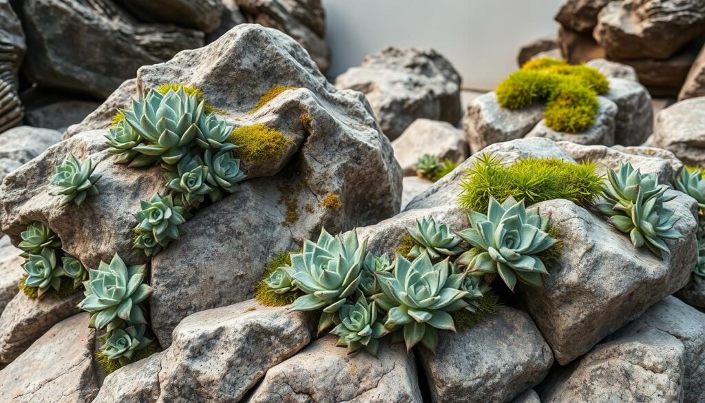 Dramatic rock arrangements with echeveria succulents cascading over weathered stone formations. Diffused natural lighting illuminates the textural interplay between the rugged rocks and the soft, fleshy rosettes. In the foreground, a mix of echeveria cultivars in muted shades of green, purple, and blue create a harmonious composition. The middle ground features larger rock clusters, some partially covered in verdant moss. The background suggests a minimal, serene landscape, allowing the sculptural, modern design to take center stage. Capture this elegant, low-maintenance garden vignette with a cinematic, wide-angle perspective. Dramatic rock arrangements with echeveria succulents cascading over weathered stone formations. Diffused natural lighting illuminates the textural interplay between the rugged rocks and the soft, fleshy rosettes. In the foreground, a mix of echeveria cultivars in muted shades of green, purple, and blue create a harmonious composition. The middle ground features larger rock clusters, some partially covered in verdant moss. The background suggests a minimal, serene landscape, allowing the sculptural, modern design to take center stage. Capture this elegant, low-maintenance garden vignette with a cinematic, wide-angle perspective.