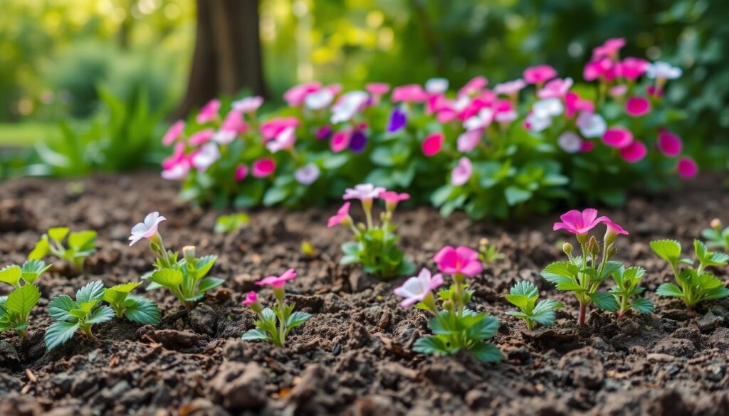 Prepare a garden bed for graceful cranesbill (Geranium) plants. The foreground features the freshly tilled, nutrient-rich soil, ready to receive the delicate cranesbill seedlings. In the middle ground, clusters of lush, green foliage and vibrant, colorful blooms in shades of pink, purple, and white emerge, creating a captivating visual harmony. The background showcases a tranquil garden setting, with soft, diffused lighting gently illuminating the scene, evoking a serene and inviting atmosphere. Capture the essence of a well-curated cranesbill planting arrangement, ready to enchant and delight the senses. Prepare a garden bed for graceful cranesbill (Geranium) plants. The foreground features the freshly tilled, nutrient-rich soil, ready to receive the delicate cranesbill seedlings. In the middle ground, clusters of lush, green foliage and vibrant, colorful blooms in shades of pink, purple, and white emerge, creating a captivating visual harmony. The background showcases a tranquil garden setting, with soft, diffused lighting gently illuminating the scene, evoking a serene and inviting atmosphere. Capture the essence of a well-curated cranesbill planting arrangement, ready to enchant and delight the senses.