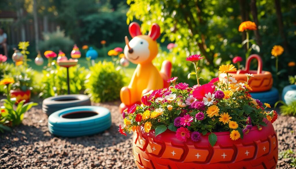 Vibrant and creative garden decorations made from repurposed tires. In the foreground, a whimsical tire planter overflows with colorful blooms. In the middle ground, a tire-based sculpture of a playful animal figure, painted in bright hues. The background features a lush, verdant garden setting, with additional tire-based planters and ornaments dotting the landscape. Warm, natural lighting casts a soft glow, highlighting the textural and dimensional qualities of the tire-based elements. The scene conveys a sense of playfulness, sustainability, and harmony between nature and human creativity. Vibrant and creative garden decorations made from repurposed tires. In the foreground, a whimsical tire planter overflows with colorful blooms. In the middle ground, a tire-based sculpture of a playful animal figure, painted in bright hues. The background features a lush, verdant garden setting, with additional tire-based planters and ornaments dotting the landscape. Warm, natural lighting casts a soft glow, highlighting the textural and dimensional qualities of the tire-based elements. The scene conveys a sense of playfulness, sustainability, and harmony between nature and human creativity.