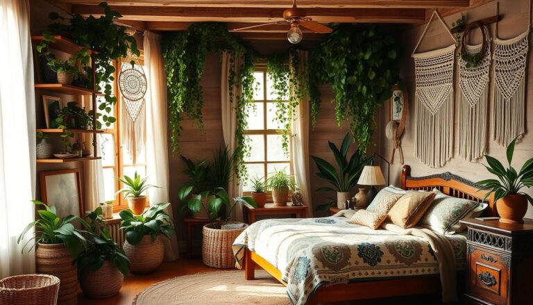 sypialnia boho zielona