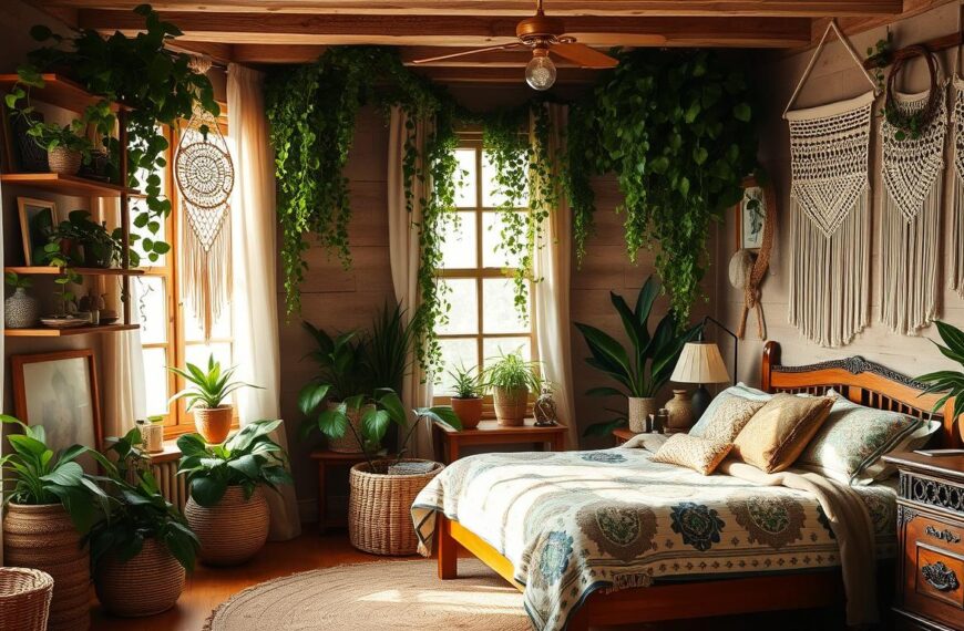 sypialnia boho zielona