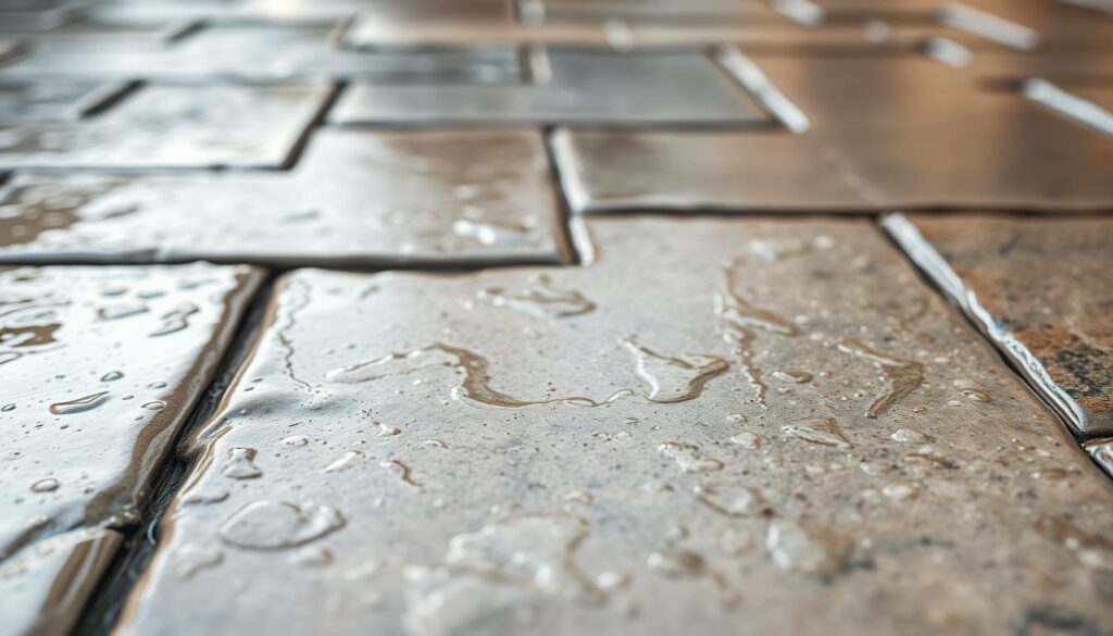 A close-up shot of a wet paving stone, showcasing the "wet stone" effect of a protective sealant or impregnate. The surface appears glistening and reflective, with subtle variations in color and texture. The lighting is soft and diffused, creating a sense of depth and dimension. The background is blurred, keeping the focus on the intricate details of the stone's surface. The image conveys the quality and performance of the sealant, highlighting its ability to enhance the natural beauty and durability of the paving material. A close-up shot of a wet paving stone, showcasing the "wet stone" effect of a protective sealant or impregnate. The surface appears glistening and reflective, with subtle variations in color and texture. The lighting is soft and diffused, creating a sense of depth and dimension. The background is blurred, keeping the focus on the intricate details of the stone's surface. The image conveys the quality and performance of the sealant, highlighting its ability to enhance the natural beauty and durability of the paving material.