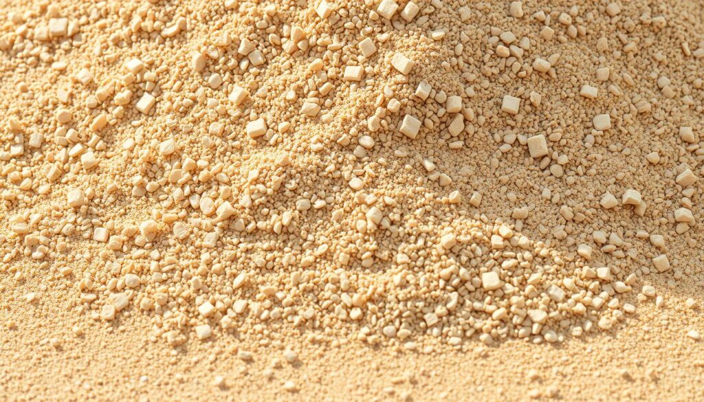 A close-up view of a pile of different-sized sand grains, ranging from fine to coarse particles, in warm, natural lighting. The sand is shown in a neutral, earthy tone, with subtle variations in color and texture that highlight the various fractions. The focus is on the granular structure and the gradation of the sand, conveying its suitability for use in grouting concrete pavers or blocks. The image has a clean, minimalist aesthetic, emphasizing the technical and functional aspects of the sand for paver installation.