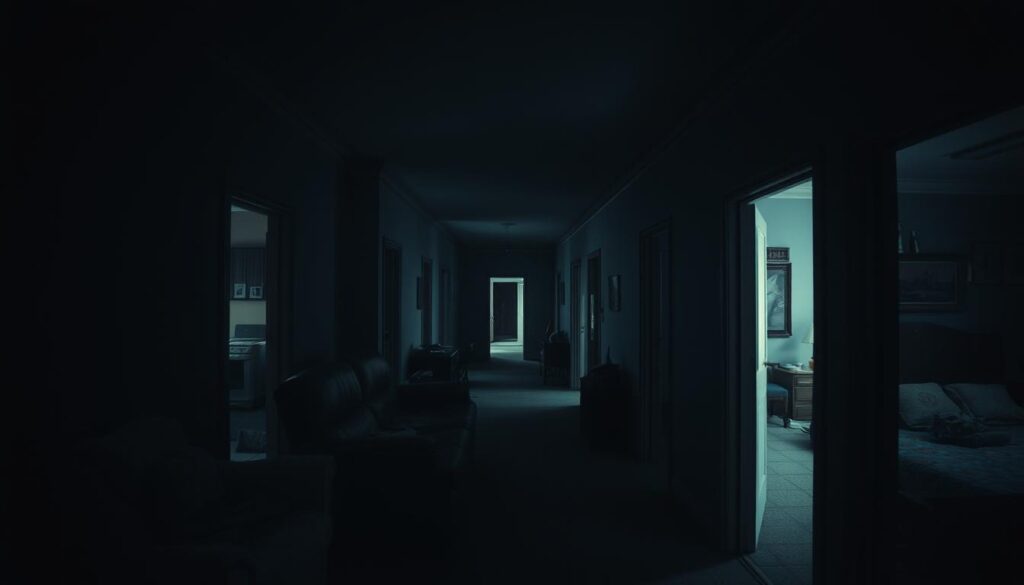 A dimly lit interior with a series of interconnected rooms, their doorways creating a straight line of sight from one end to the other. The foreground shows a cramped, cluttered living space, with furniture and decor haphazardly arranged, conveying a sense of restricted movement. In the middle ground, the doorways reveal a succession of rooms, each with their own distinct character, but all seamlessly connected, highlighting the flow and transition between spaces. The background fades into a soft, hazy atmosphere, emphasizing the continuous, unbroken nature of the amfilada layout. The overall mood is one of claustrophobia and lack of privacy, the rooms offering little separation or seclusion. The scene is captured with a wide-angle lens, emphasizing the elongated, linear quality of the space. A dimly lit interior with a series of interconnected rooms, their doorways creating a straight line of sight from one end to the other. The foreground shows a cramped, cluttered living space, with furniture and decor haphazardly arranged, conveying a sense of restricted movement. In the middle ground, the doorways reveal a succession of rooms, each with their own distinct character, but all seamlessly connected, highlighting the flow and transition between spaces. The background fades into a soft, hazy atmosphere, emphasizing the continuous, unbroken nature of the amfilada layout. The overall mood is one of claustrophobia and lack of privacy, the rooms offering little separation or seclusion. The scene is captured with a wide-angle lens, emphasizing the elongated, linear quality of the space.