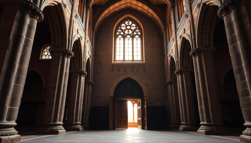 A majestic Romanesque church stands tall, its thick stone walls and sturdy arched windows reflecting the rugged simplicity of the architectural style. Ornate capitals adorn the pillars, while the heavy wooden doors invite visitors into the cool, dimly lit interior. Soft natural light streams through the stained glass, casting a warm glow and imbuing the space with a sense of timeless spirituality. The soaring vaulted ceilings and vast open layout emphasize the building's functionality as a place of worship, while intricate carvings and sculptural details evoke the period's focus on craftsmanship and religious symbolism. This image captures the essence of Romanesque architecture in Poland, showcasing its distinctive features and the ways in which it shaped the sacred spaces of the medieval era. A majestic Romanesque church stands tall, its thick stone walls and sturdy arched windows reflecting the rugged simplicity of the architectural style. Ornate capitals adorn the pillars, while the heavy wooden doors invite visitors into the cool, dimly lit interior. Soft natural light streams through the stained glass, casting a warm glow and imbuing the space with a sense of timeless spirituality. The soaring vaulted ceilings and vast open layout emphasize the building's functionality as a place of worship, while intricate carvings and sculptural details evoke the period's focus on craftsmanship and religious symbolism. This image captures the essence of Romanesque architecture in Poland, showcasing its distinctive features and the ways in which it shaped the sacred spaces of the medieval era.